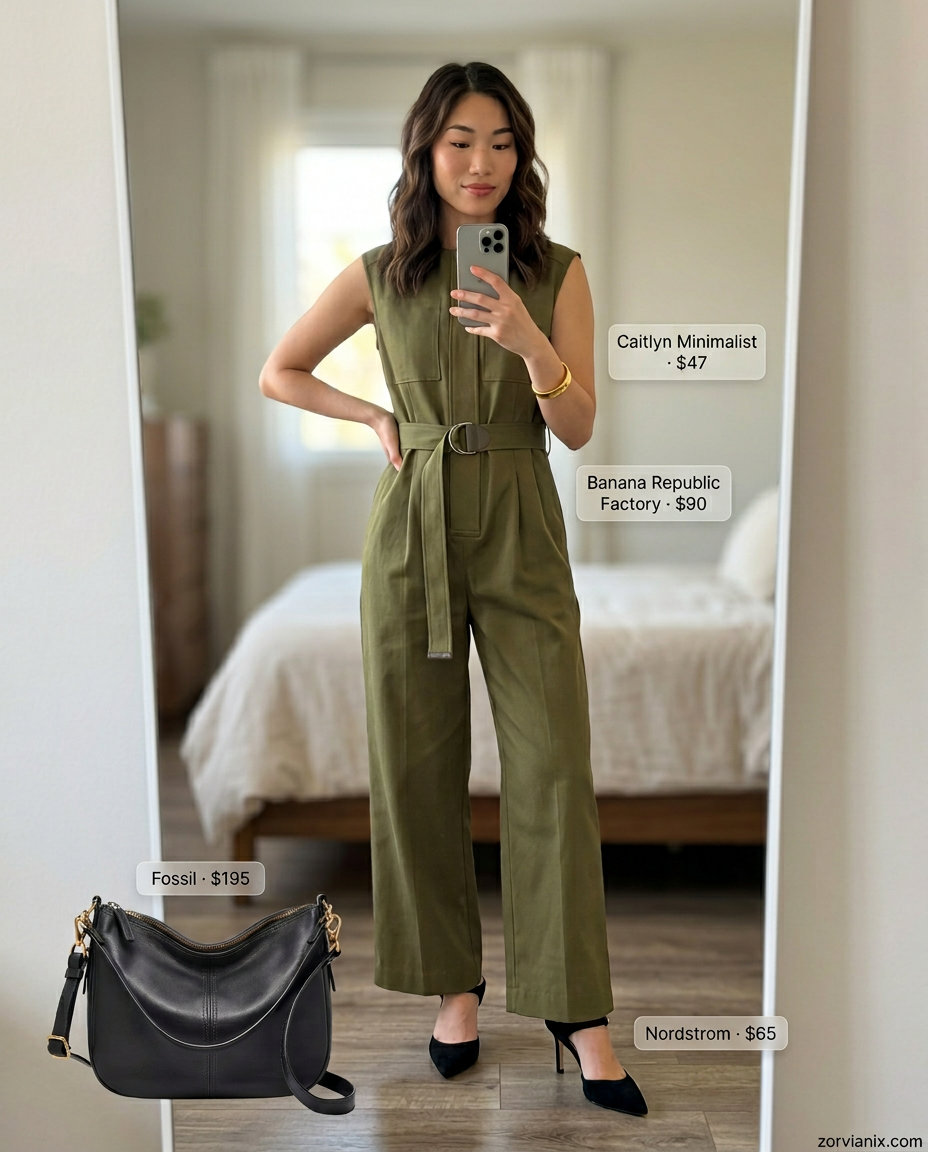 Best Summer outfits for Apple figure summer Shape 2026: Olive utility jumpsuit, black mules for chic evenings.