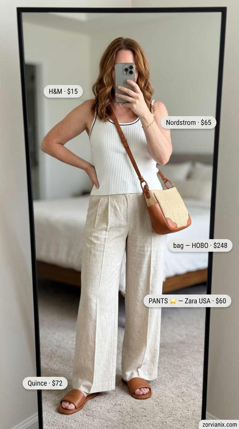 Best Summer outfits for Apple figure summer Shape 2026: Beige wide-leg pants, white tank, straw bag for chic outings.