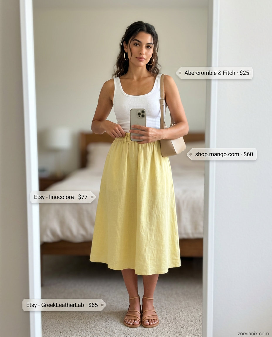 Best Summer outfits for Apple figure summer Shape 2026: Yellow linen skirt, white tank, tan sandals for brunch.