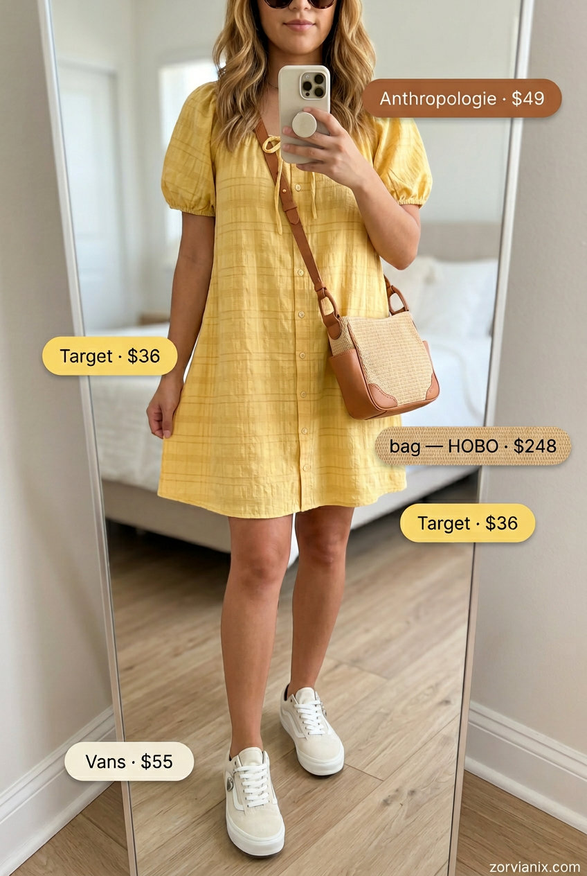 Best Summer outfits for Apple figure summer Shape 2026: Yellow mini sundress with sneakers for a playful day out.