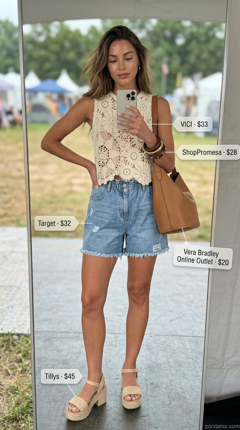 Boho summer festival outfits for women 2026: Denim shorts, crochet crop top, espadrille sandals & hobo bag.
