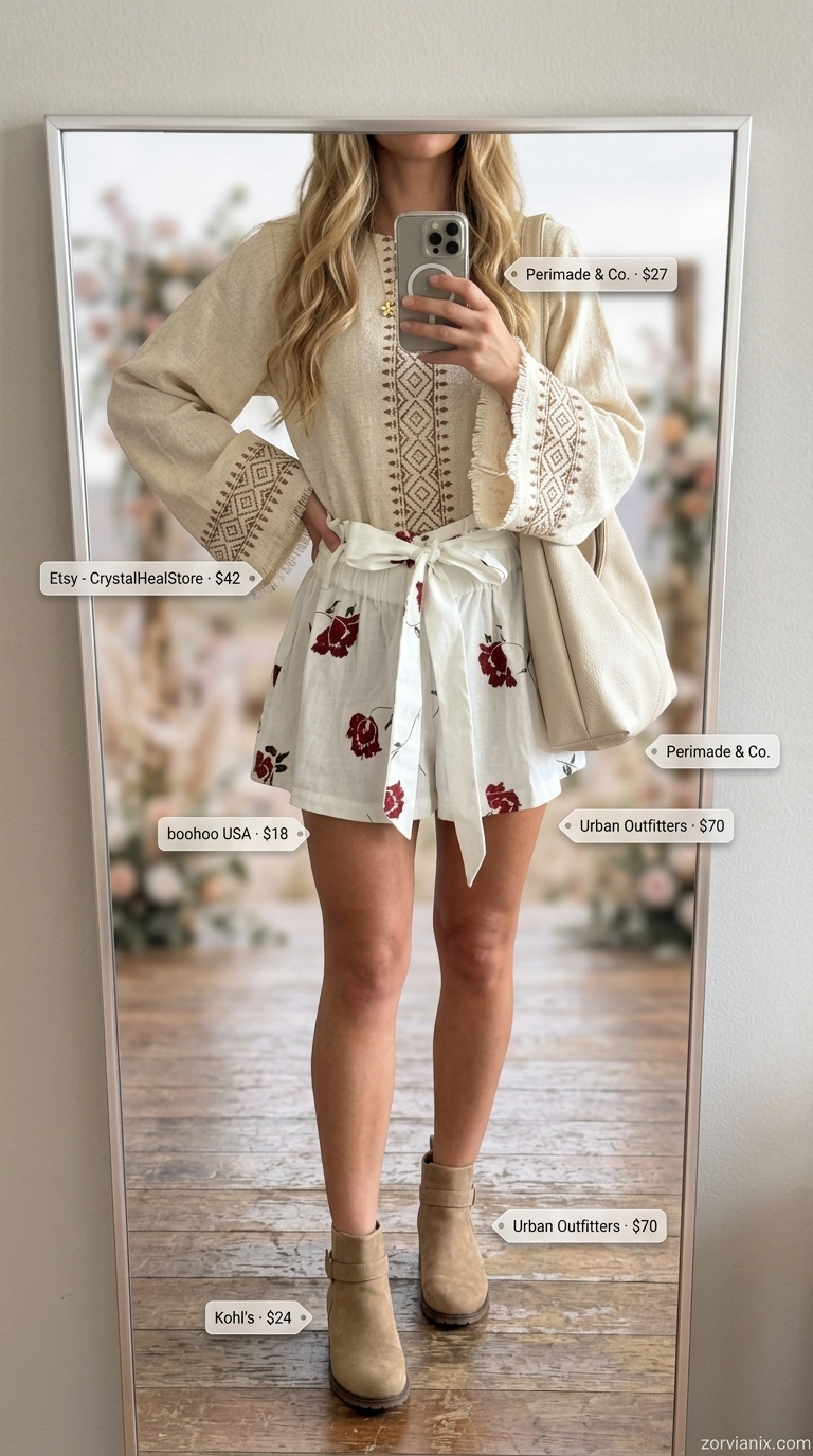 Boho summer festival outfits for women 2026: Cream floral mini skirt set with sage green & burgundy. Perfect for daytime parties.