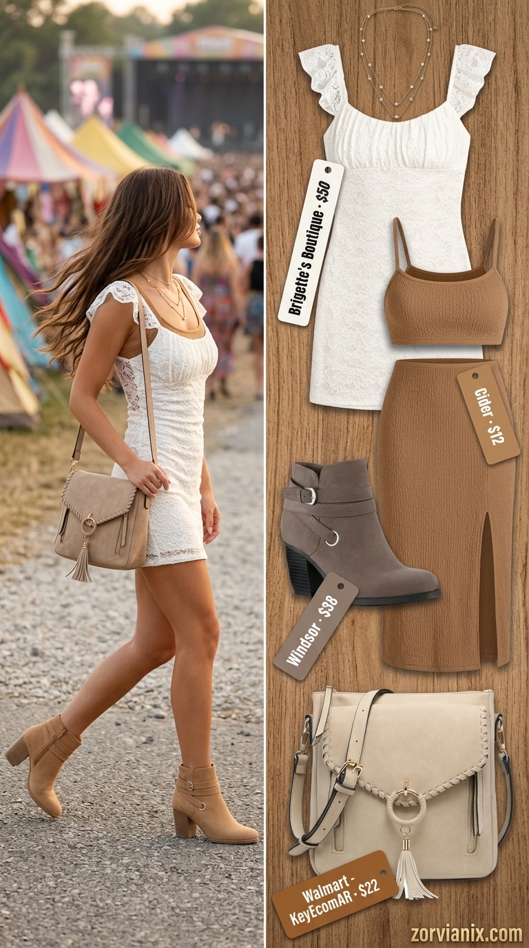 Boho summer festival outfits for women 2026: Ivory lace mini dress with suede ankle boots and layered gold necklaces.