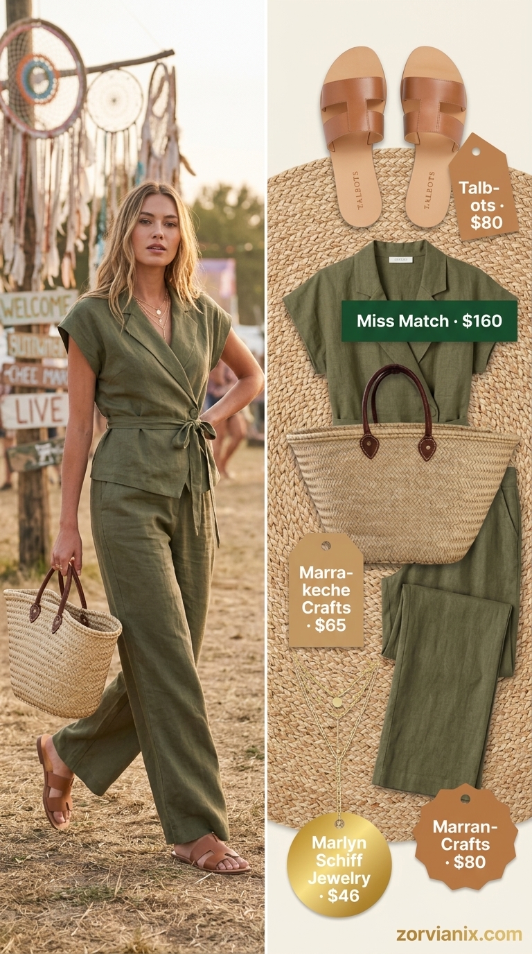 Boho summer festival outfits for women 2026: Olive green linen pants and bandeau top with flat leather slides.