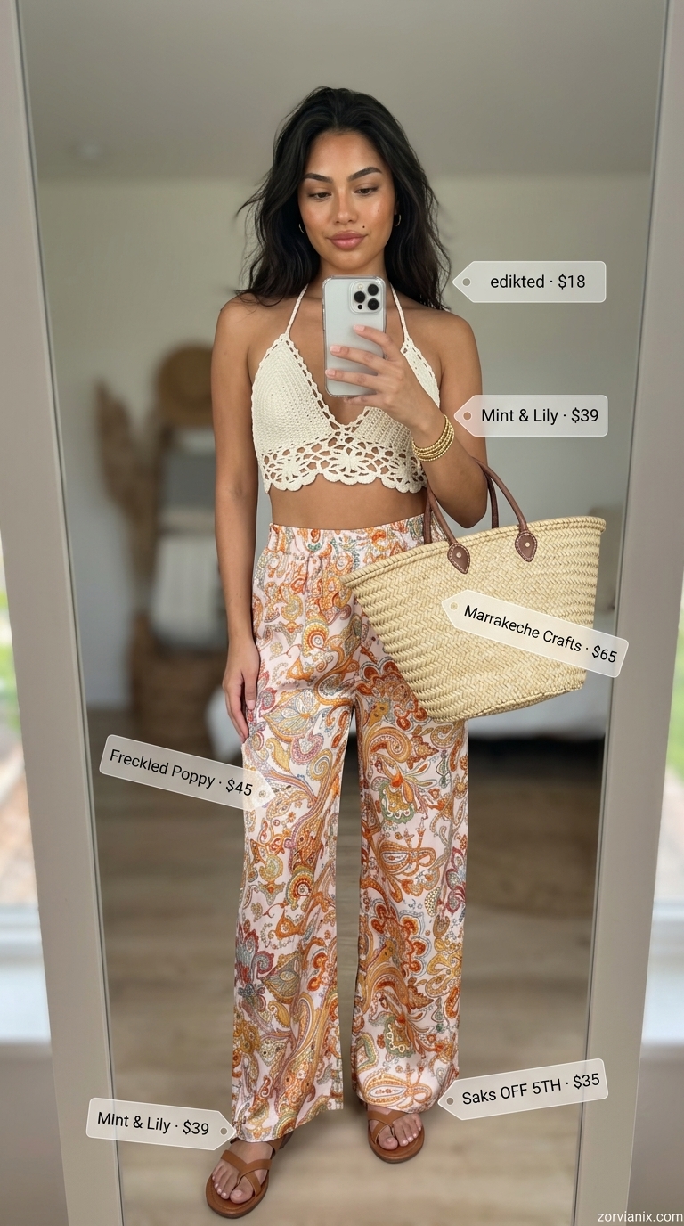 Boho summer festival outfits for women 2026: Paisley wide-leg pants, crochet top, straw tote & gold bracelets.