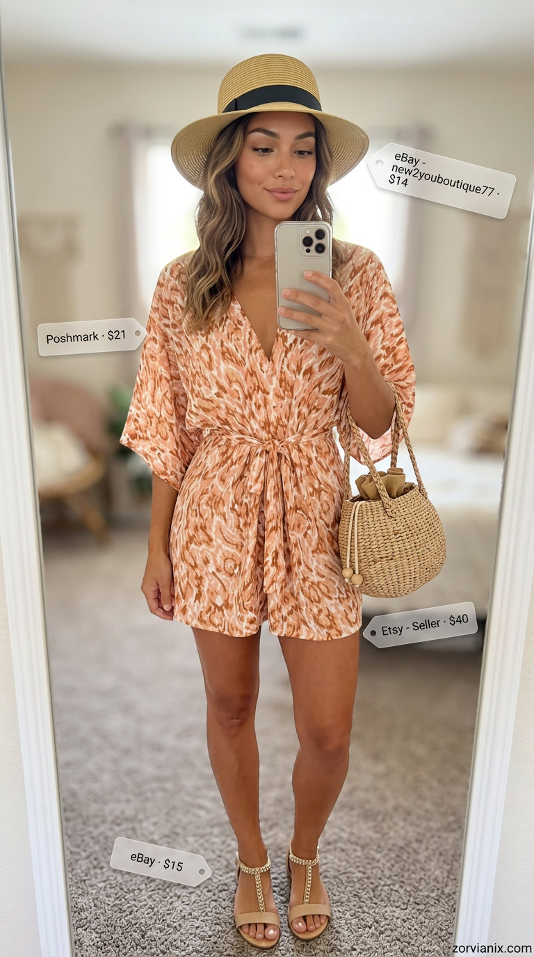 Boho summer festival outfits for women 2026: Paisley romper, flat sandals, wide-brim hat & bucket bag.