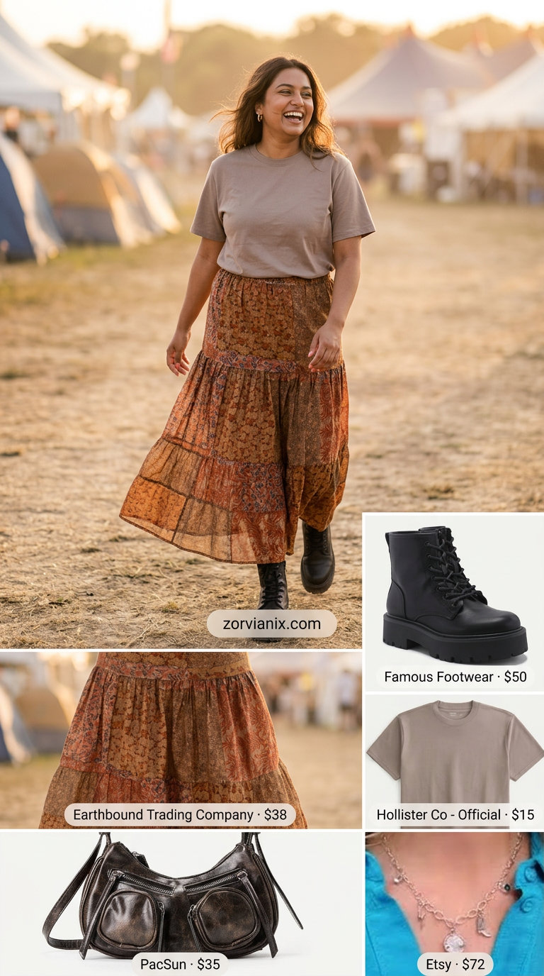 Boho summer festival outfits for women 2026: Patchwork maxi skirt, graphic tee, leather boots & crossbody bag.