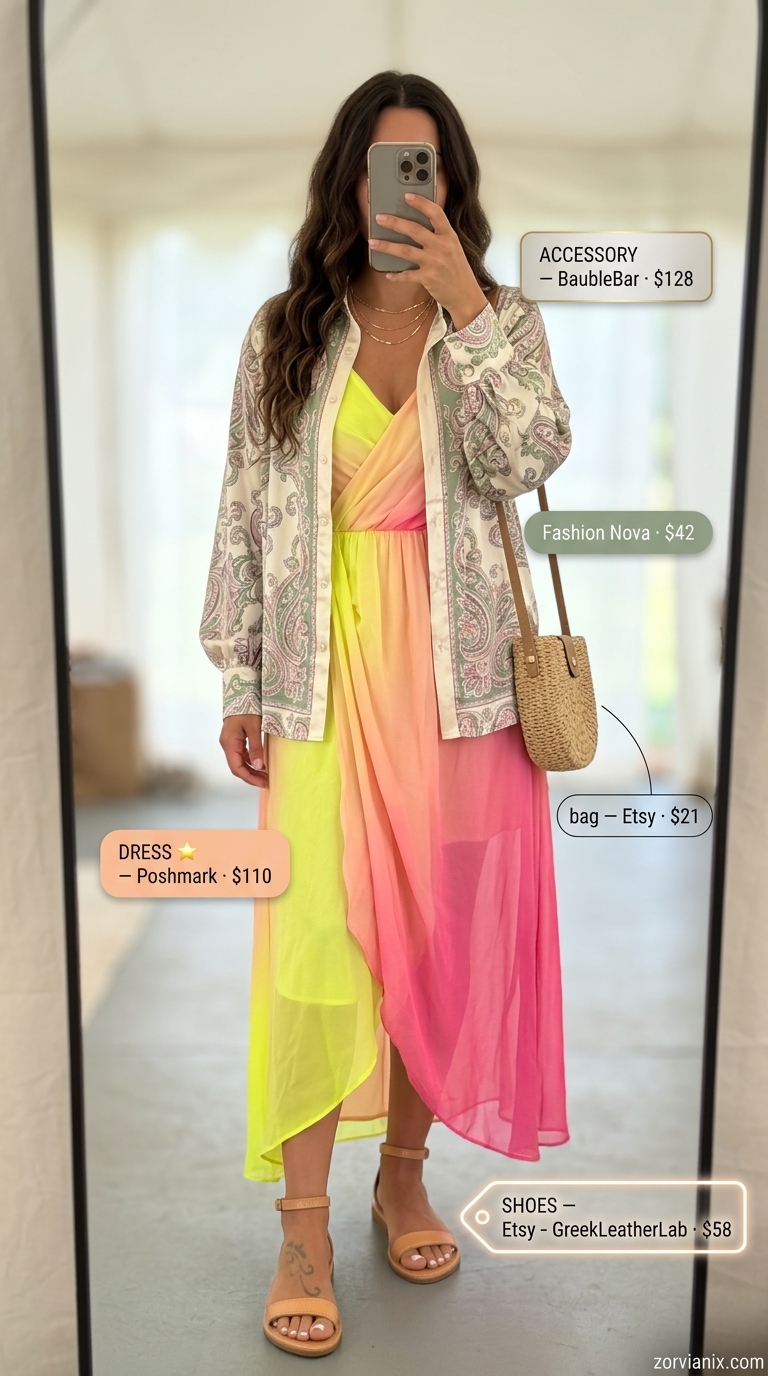 Boho summer festival outfits for women 2026: Sunset ombre wrap dress with strappy sandals and straw crossbody bag.