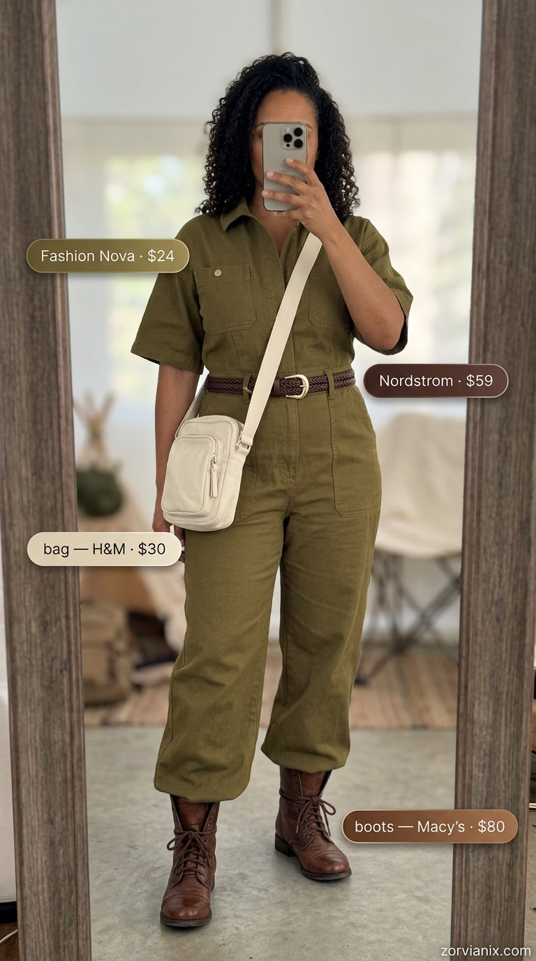 Boho summer festival outfits for women 2026: Olive green utility jumpsuit, combat boots, braided belt & canvas bag.