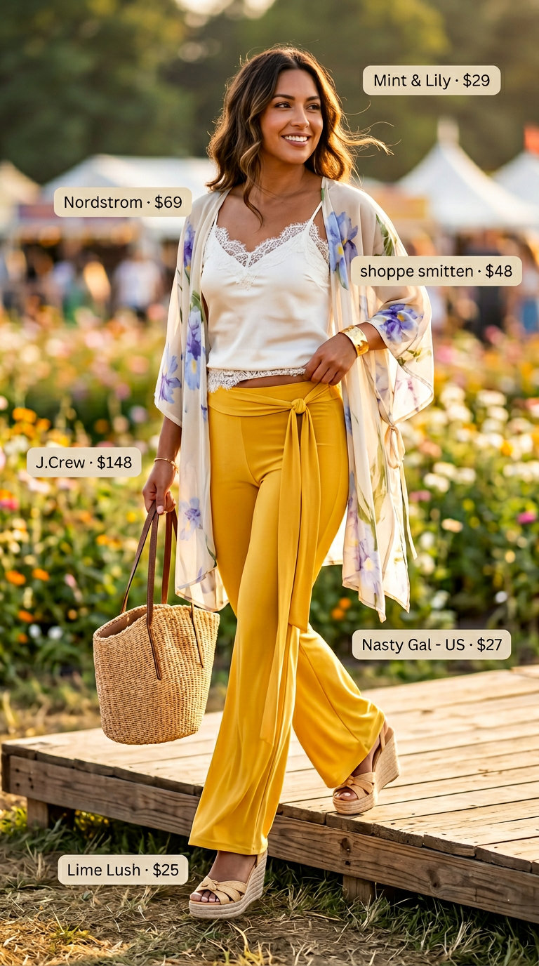 Boho summer festival outfits for women 2026: Wide-leg pants, camisole, kimono, espadrille wedges & straw tote.