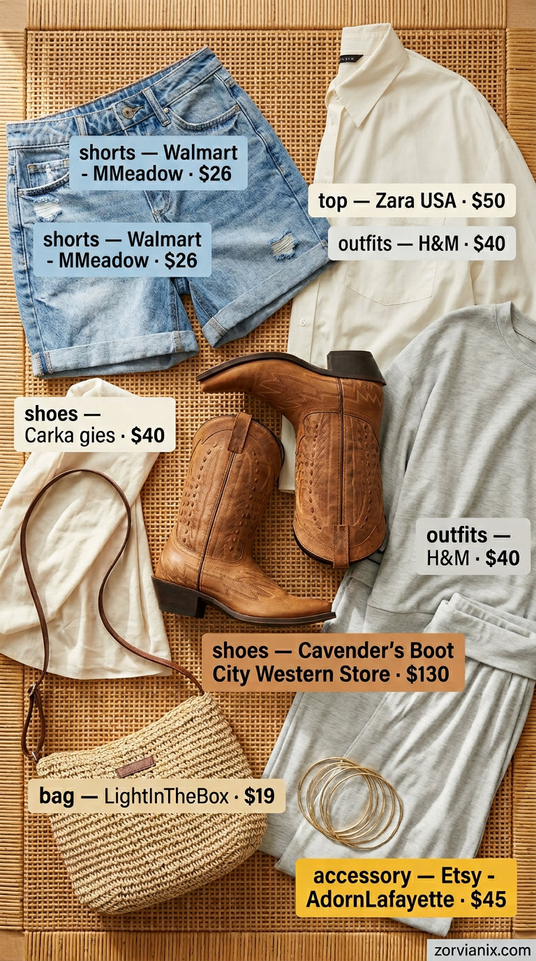 Boho summer festival outfits for women 2026: Denim shorts, oversized shirt, cowboy boots, and straw bag.