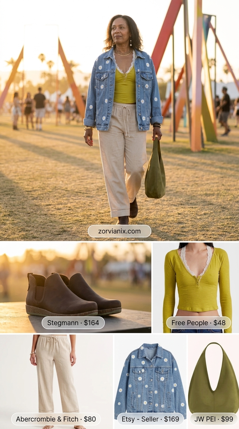 Boho summer festival outfits for women 2026: Embroidered denim jacket, linen pants, ribbed tank, and hobo bag.