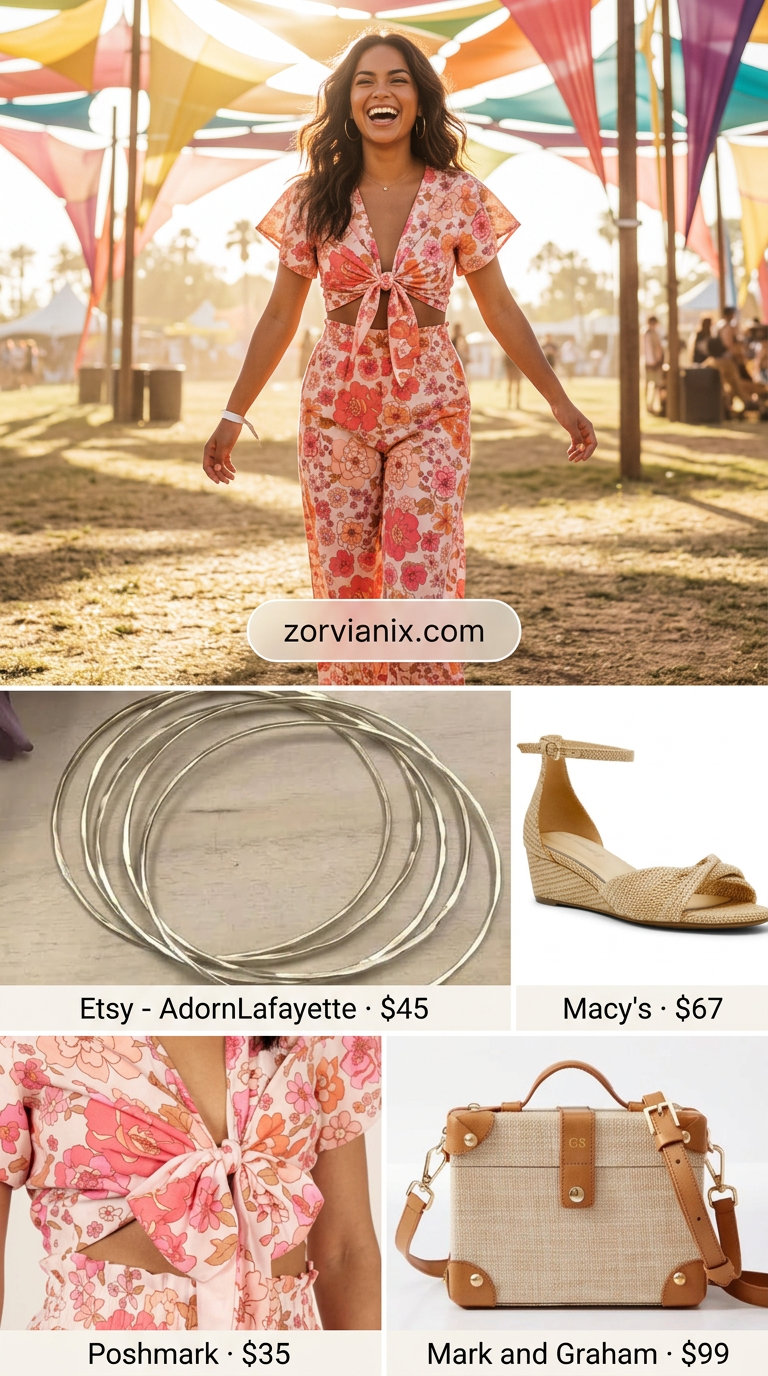 Boho summer festival outfits for women 2026: Coral floral co-ord set with espadrille wedges and raffia bag.