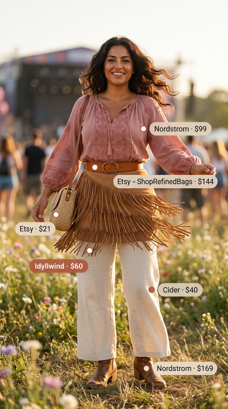 Boho summer festival outfits for women 2026: Peasant blouse, fringe skirt, and leather boots.
