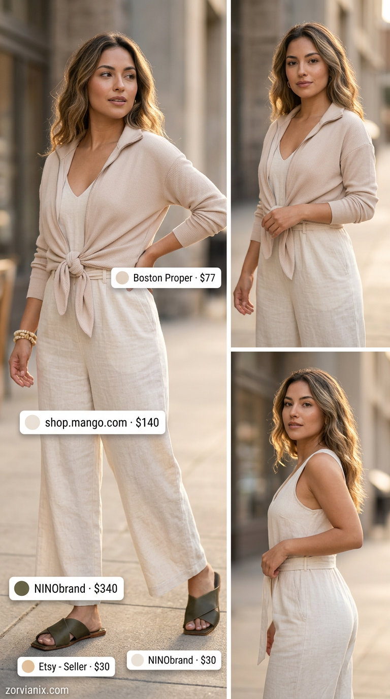 Boho summer festival outfits for women 2026: Linen jumpsuit, leather slides, and macrame belt bag.