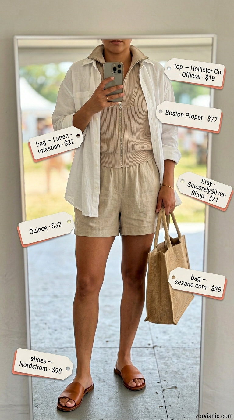 Boho summer festival outfits for women 2026: Linen shorts, oversized shirt, leather slides, and canvas tote.