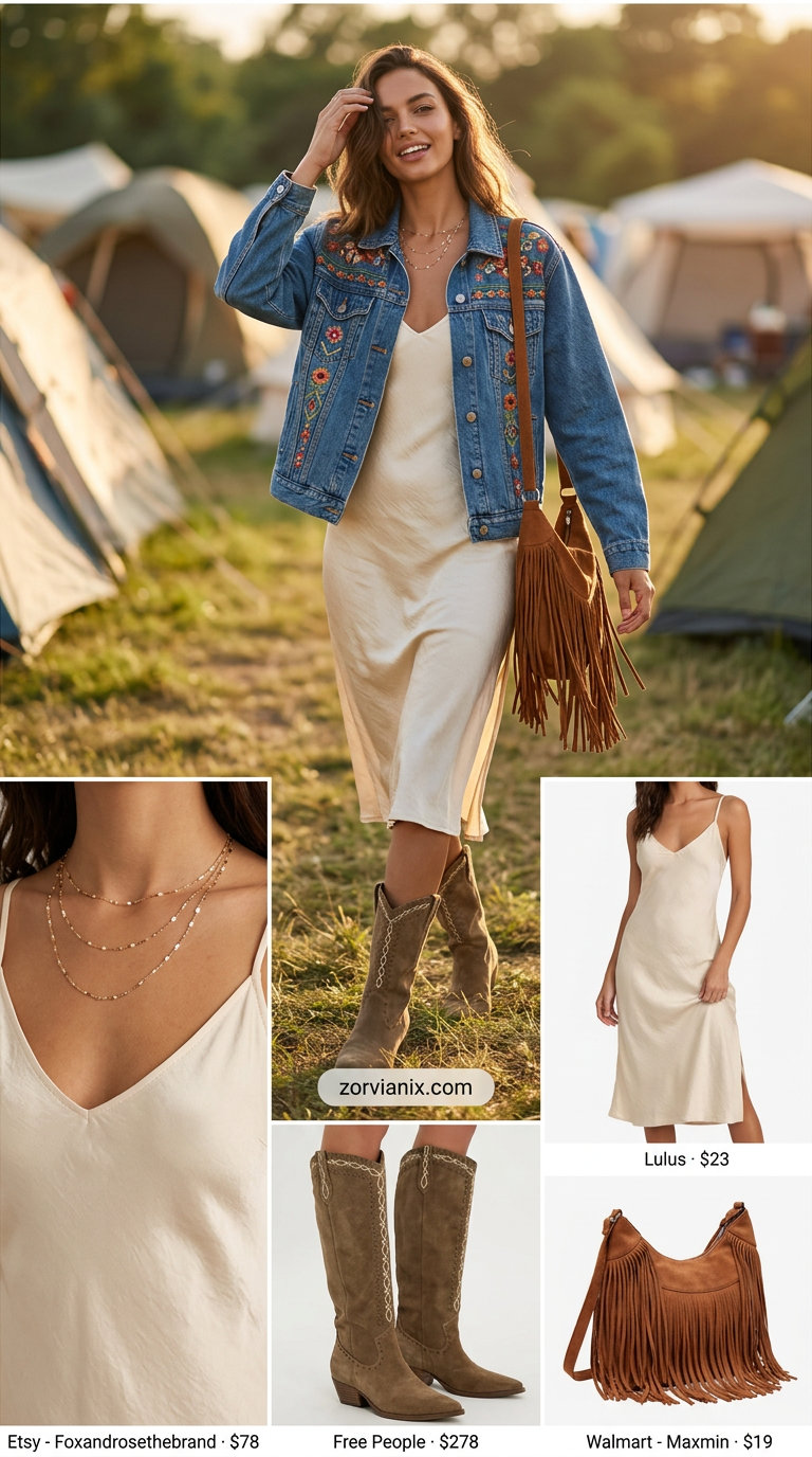 Boho summer festival outfits for women 2026: Satin slip dress, cowboy boots, and fringe bag.