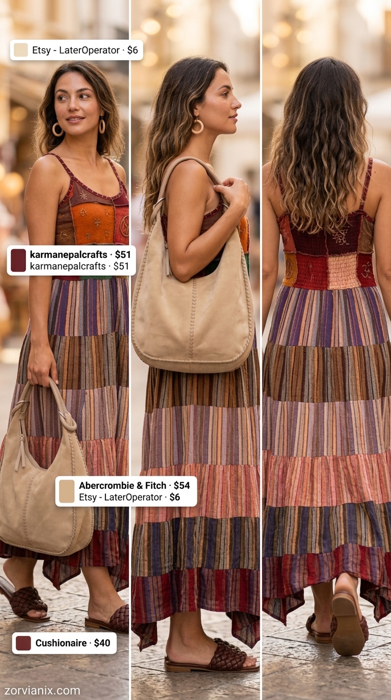 Boho Summer Maxi Dress 2026: Artisan Market Chic Boho summer flowy maxi dress 2026 in patchwork print for an artisan market, paired with woven sandals and a hobo bag.