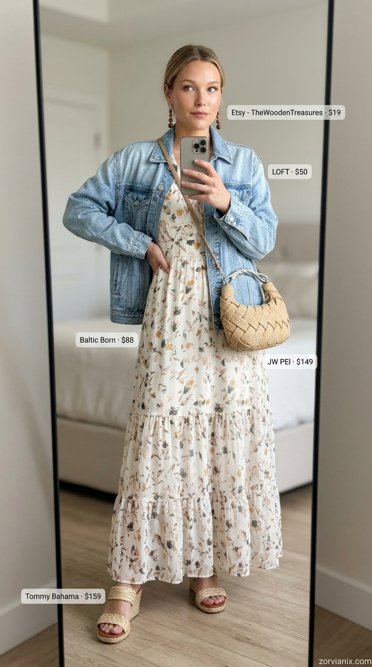 Boho Summer Maxi Dress 2026: Botanical Brunch Style Boho summer flowy maxi dresses 2026: Multi-floral dress, denim jacket, raffia bag & espadrilles for brunch.