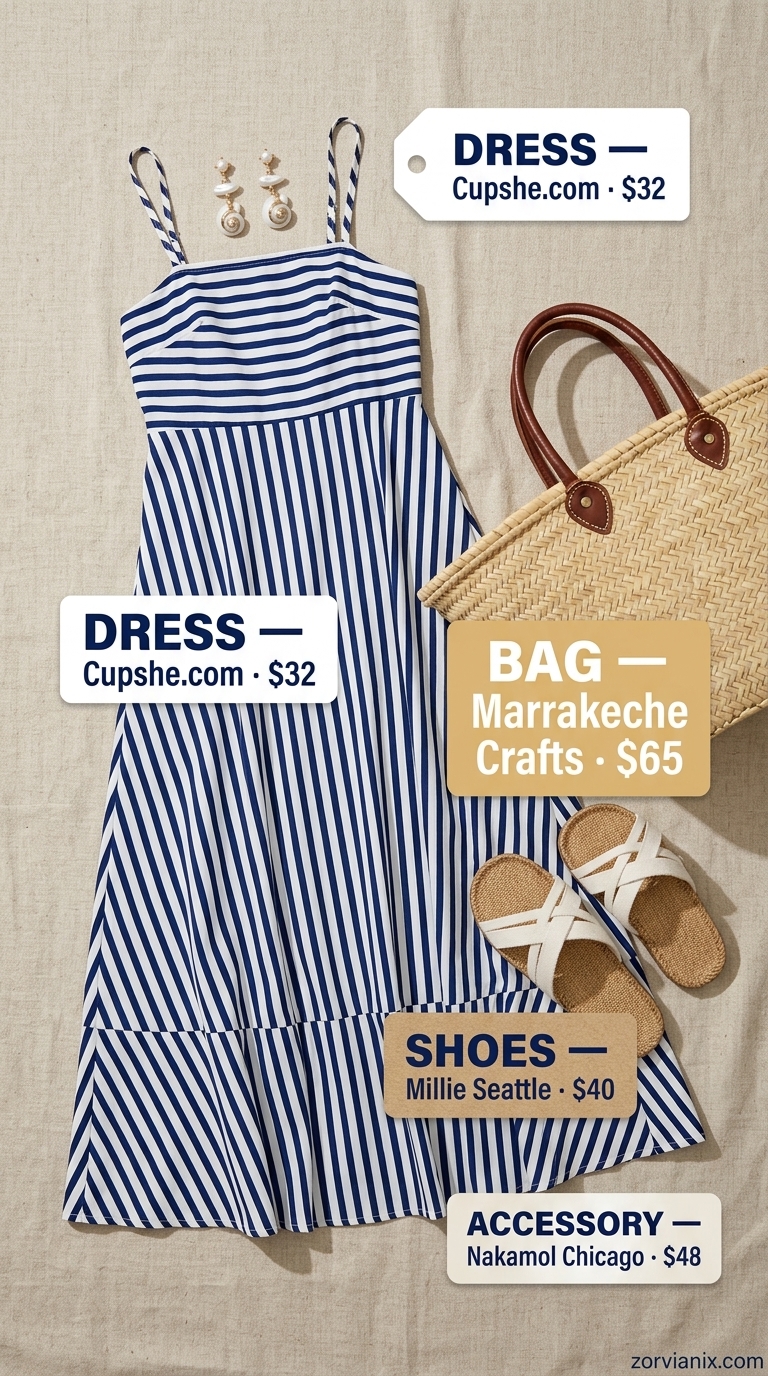 Boho Summer Maxi Dress 2026: Coastal Retreat Style Boho summer flowy maxi dresses 2026: Indigo & white stripe dress, straw tote, and espadrilles for coastal vibes.