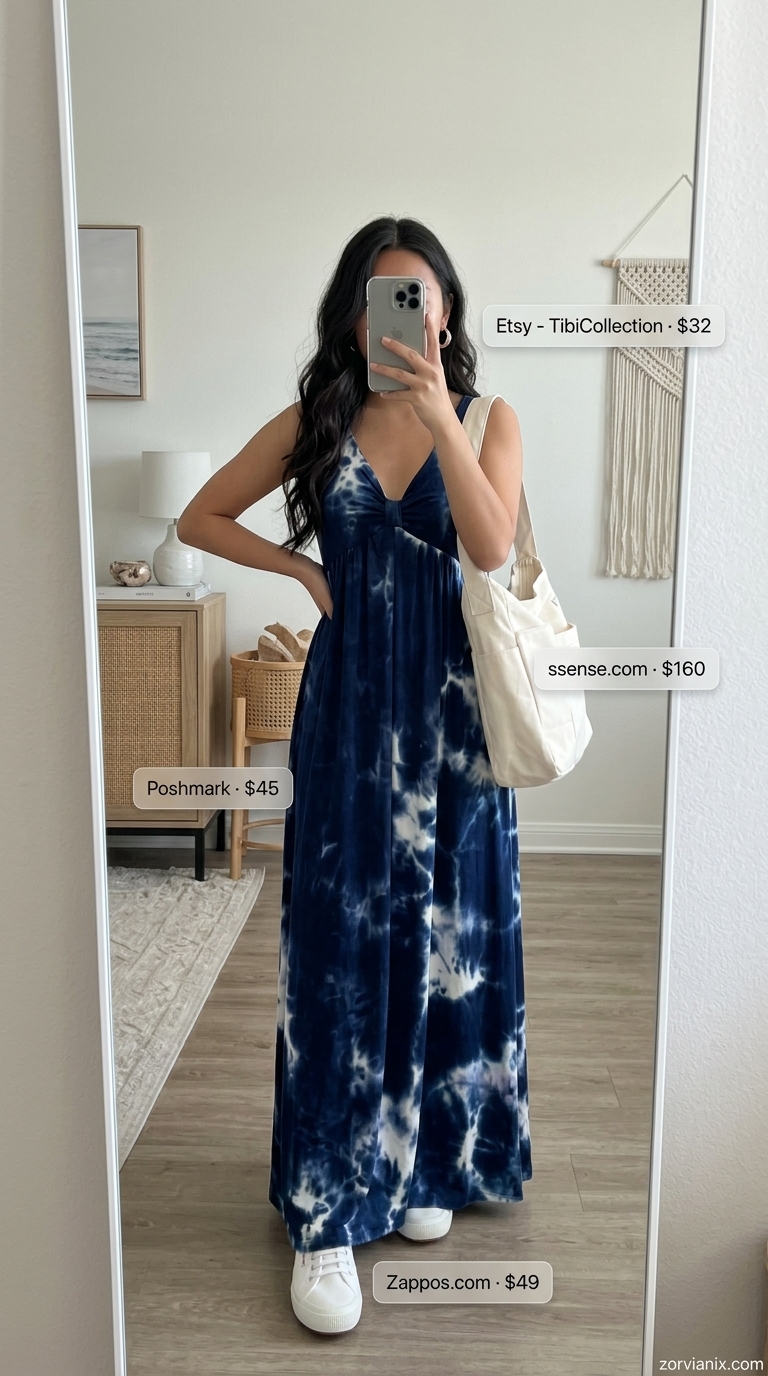 Boho Summer Maxi Dress 2026: Beach Vibes Boho summer flowy maxi dress 2026: Blue tie-dye dress, canvas sneakers, and denim cap.