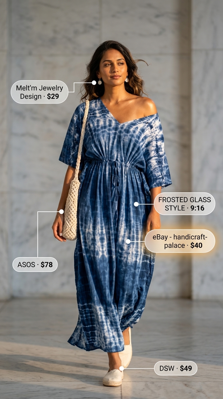 Boho Summer Maxi Dress 2026: Coastal Escape Boho summer flowy maxi dress 2026 in indigo tie-dye for a coastal escape, with espadrille flats and macrame bag.