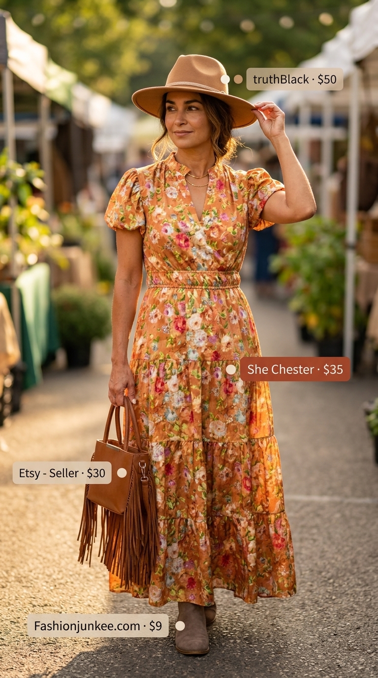 Boho summer flowy maxi dress 2026: Terracotta floral dress, suede boots, and wide-brim hat.