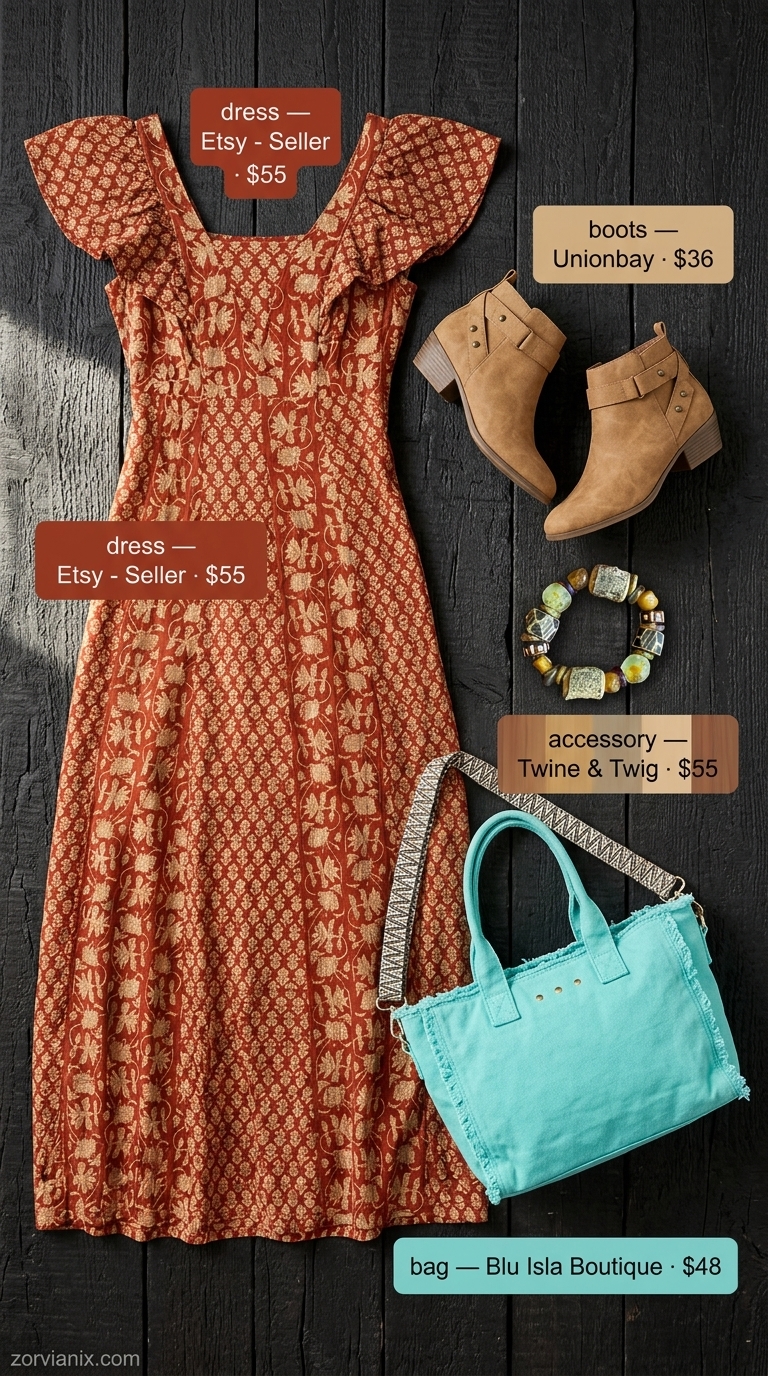 Boho Summer Maxi Dress 2026: Desert Wanderer Boho summer flowy maxi dress 2026 in rust floral print for a desert wanderer spirit, with suede boots and fringed bag.