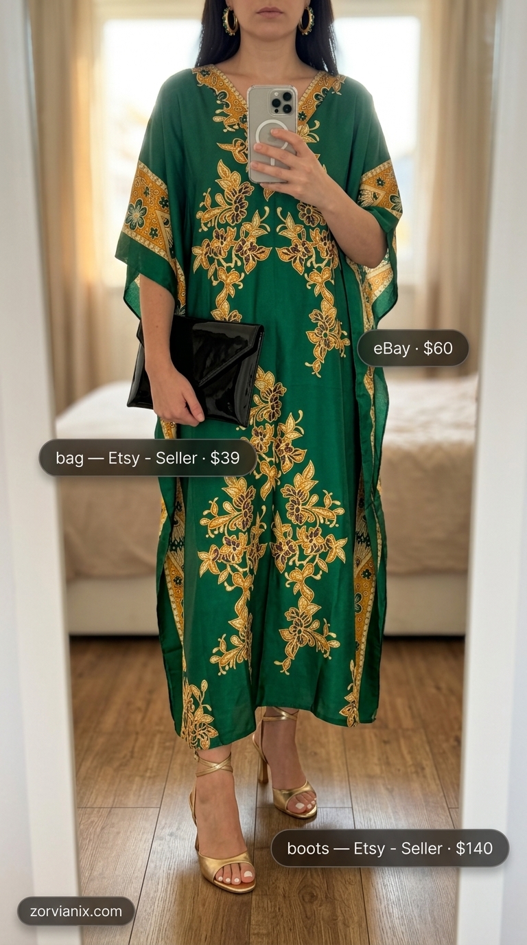 Boho Summer Maxi Dress 2026: Emerald Oasis Glamour Boho summer flowy maxi dresses 2026: Emerald abstract print caftan, gold sandals, and statement earrings.
