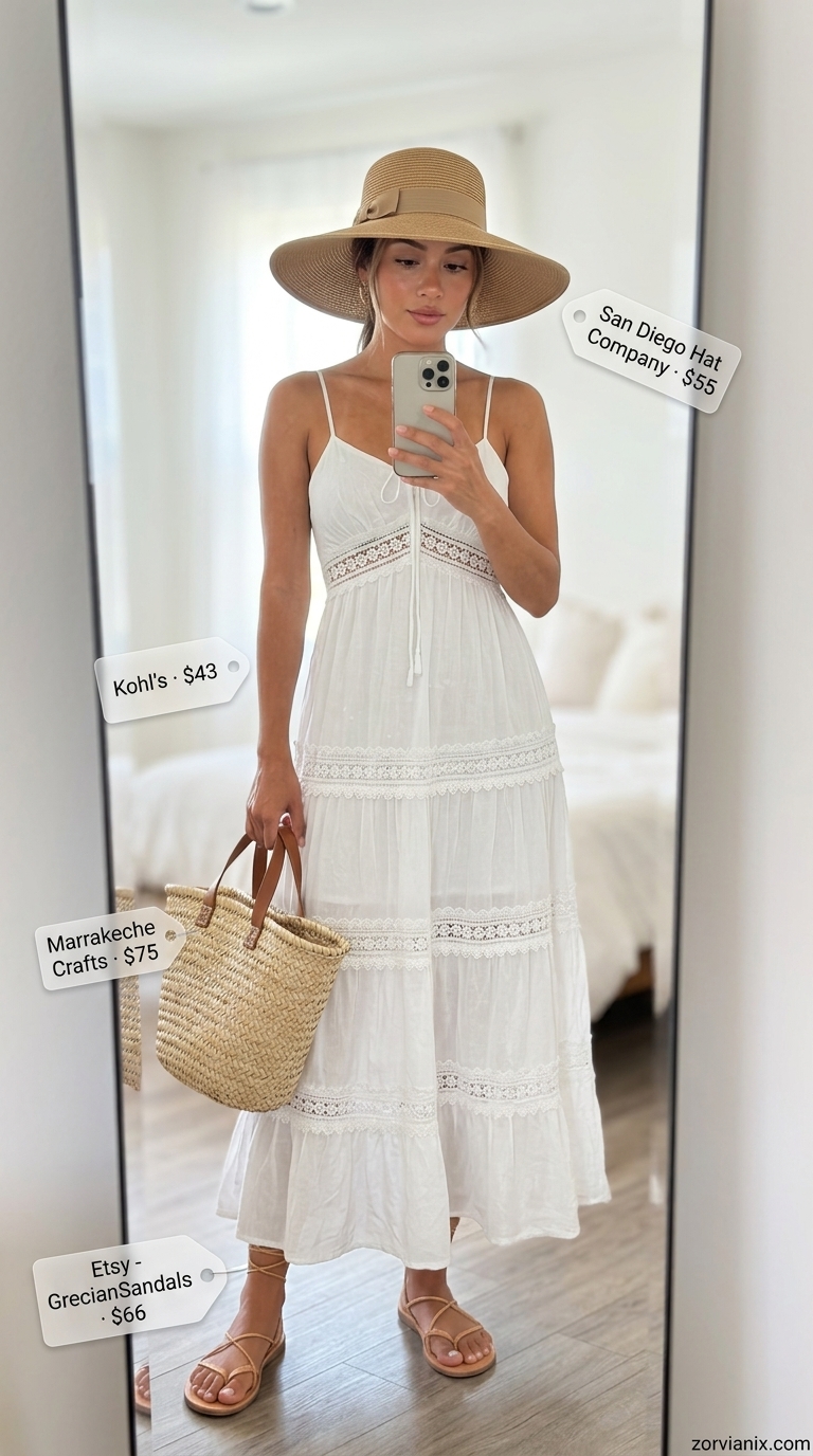 Boho Summer Maxi Dress 2026: Festival Ready Boho summer flowy maxi dress 2026: White eyelet dress, straw hat, and woven tote for festivals.