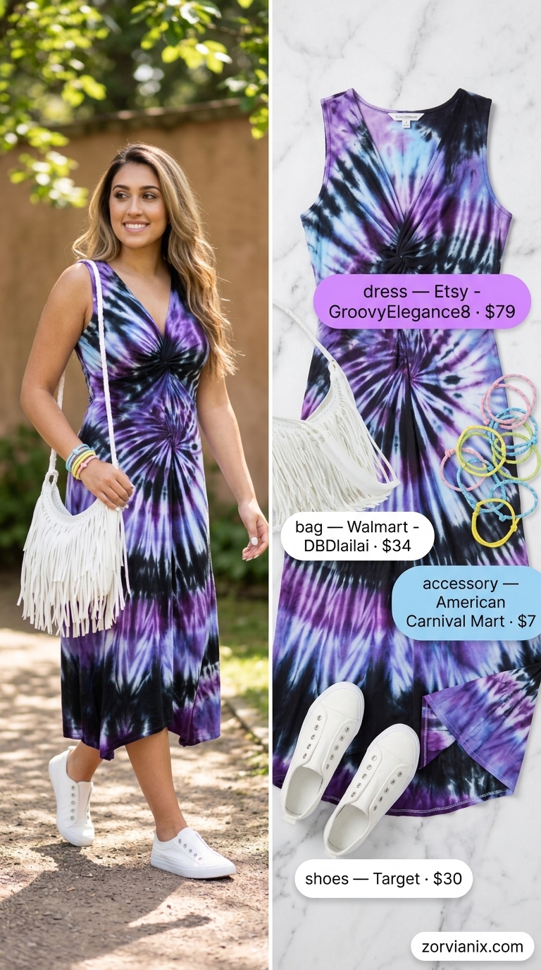 Boho Summer Maxi Dress 2026: Festival Dreamer Boho summer flowy maxi dress 2026 in lavender tie-dye for a festival dreamer, with sneakers and friendship bracelets.
