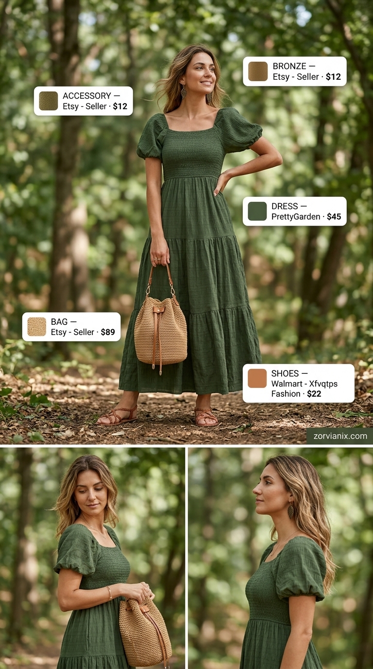 Boho Summer Maxi Dress 2026: Forest Nymph Picnic Boho summer flowy maxi dresses 2026: Olive green smocked dress, woven bag, and flat sandals for a picnic.