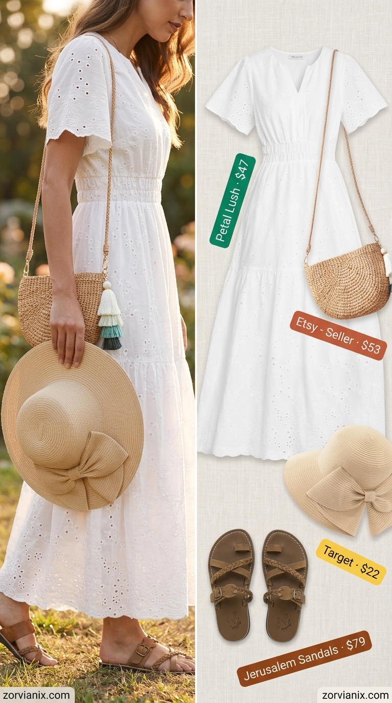 Boho Summer Maxi Dress 2026: Garden Party Style Boho summer flowy maxi dress 2026 in white cotton gauze for a garden party, styled with straw hat and sandals.