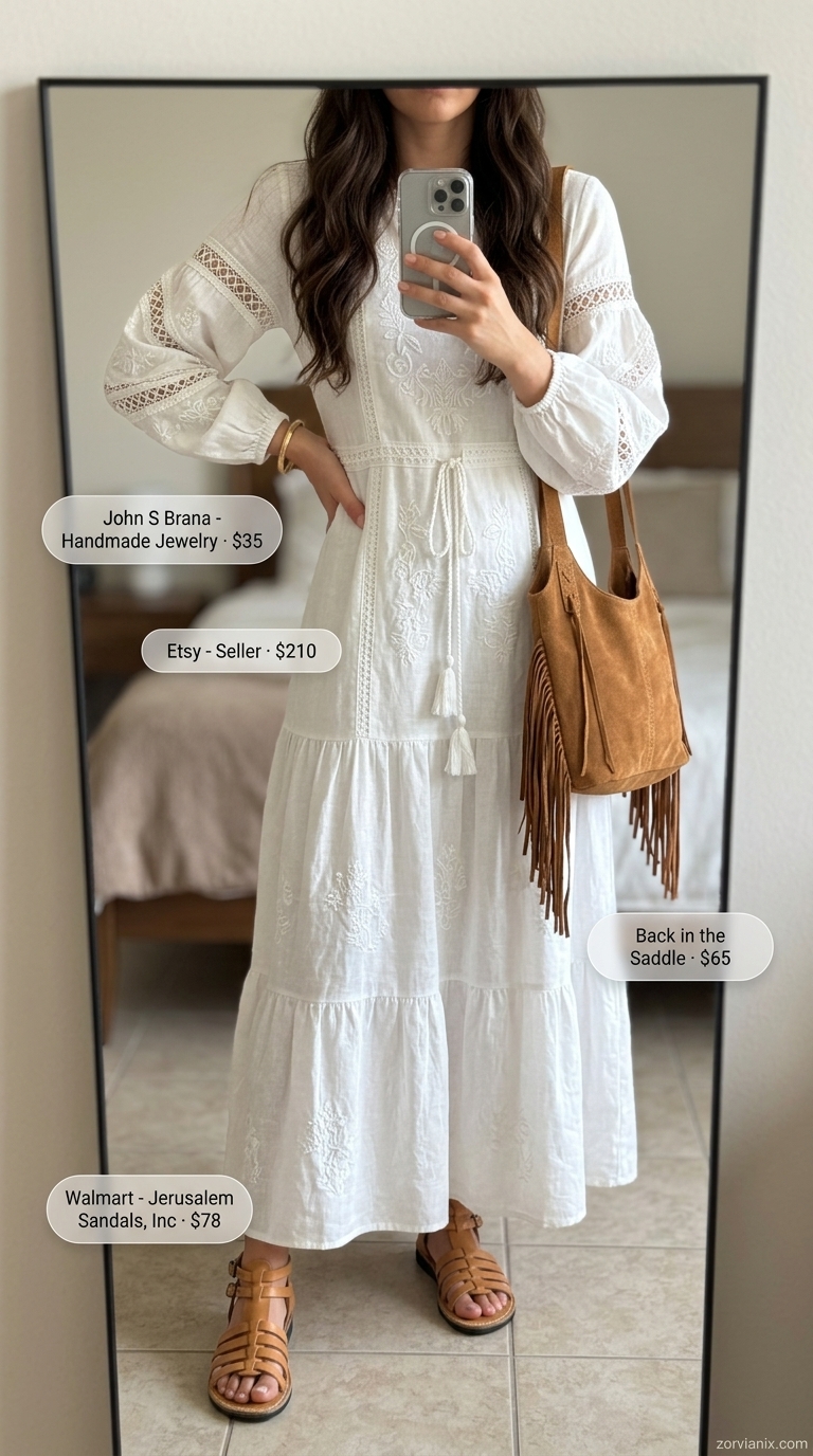 Boho Summer Maxi Dress 2026: Global Retreat Boho summer flowy maxi dress 2026: Cream peasant dress, leather sandals, and suede bag.