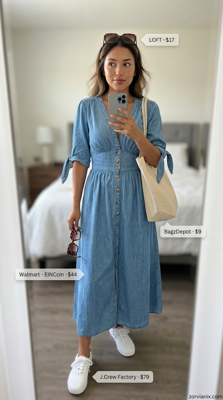 Boho Summer Maxi Dress 2026: Casual Chic Boho summer flowy maxi dress 2026: Light blue chambray shirt dress, white sneakers, and sunglasses.
