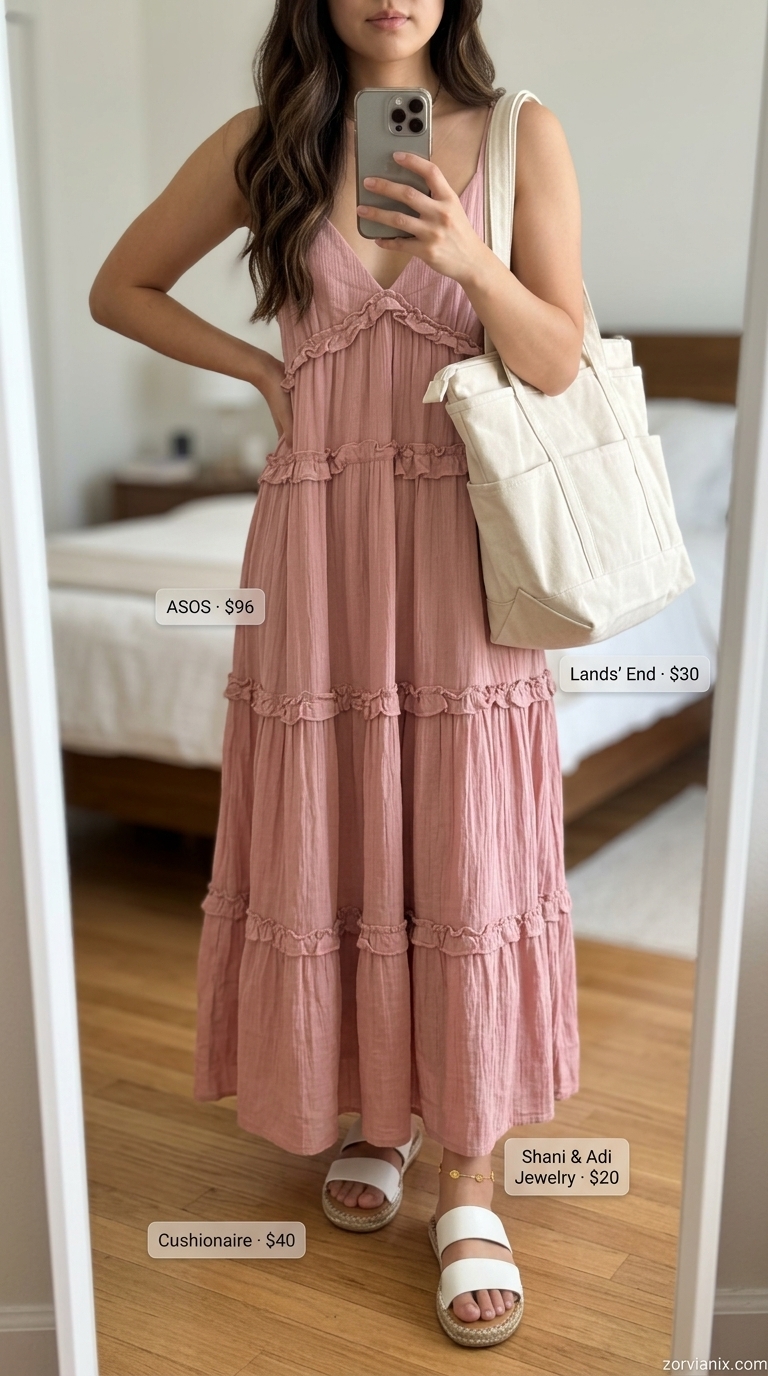 Boho Summer Maxi Dress 2026: Lakeside Serenity Boho summer flowy maxi dress 2026 in dusty rose crinkle cotton for lakeside serenity, with espadrilles and canvas tote.