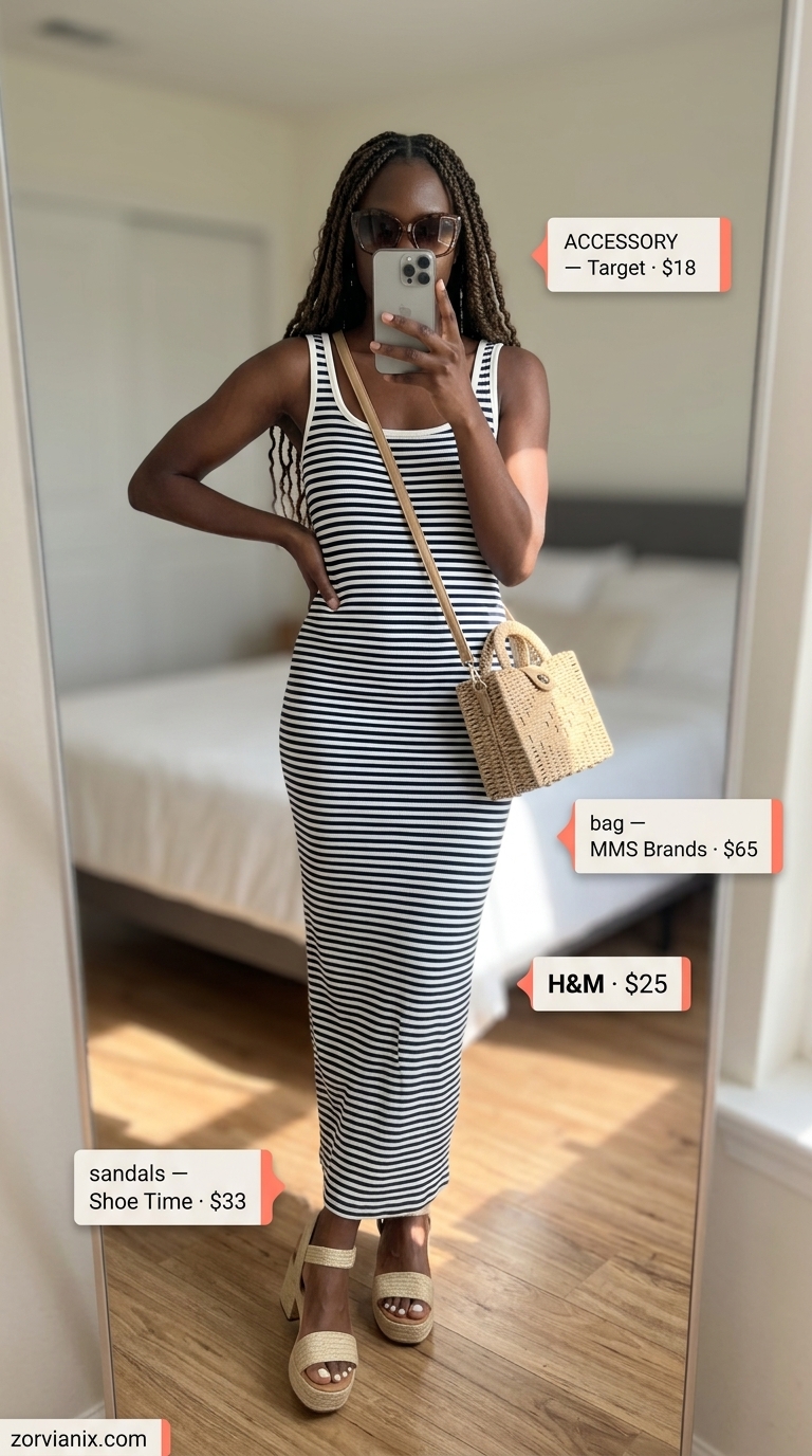 Boho Summer Maxi Dress 2026: Mediterranean Escape Boho summer flowy maxi dresses 2026: Navy & white stripe dress, espadrilles, straw bag, and cat-eye sunglasses.