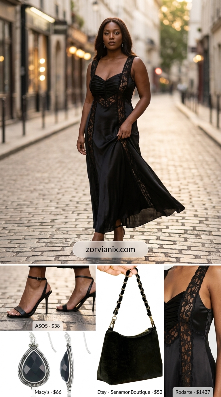Boho Summer Maxi Dress 2026: Midnight Allure Boho summer flowy maxi dress 2026 in black satin for a bohemian night out, with strappy heels and statement earrings.