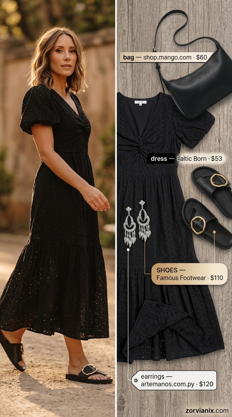 Boho Summer Maxi Dress 2026: Moonlit Beach Rendezvous Boho summer flowy maxi dresses 2026: Black eyelet lace dress, leather slides, and silver statement earrings.