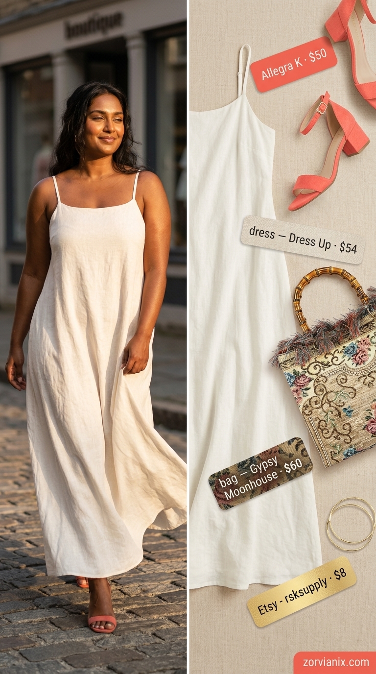 Boho Summer Maxi Dress 2026: Rustic Charm Gathering Boho summer flowy maxi dresses 2026: Cream square neck dress, terracotta sandals, and woven bag for a gathering.