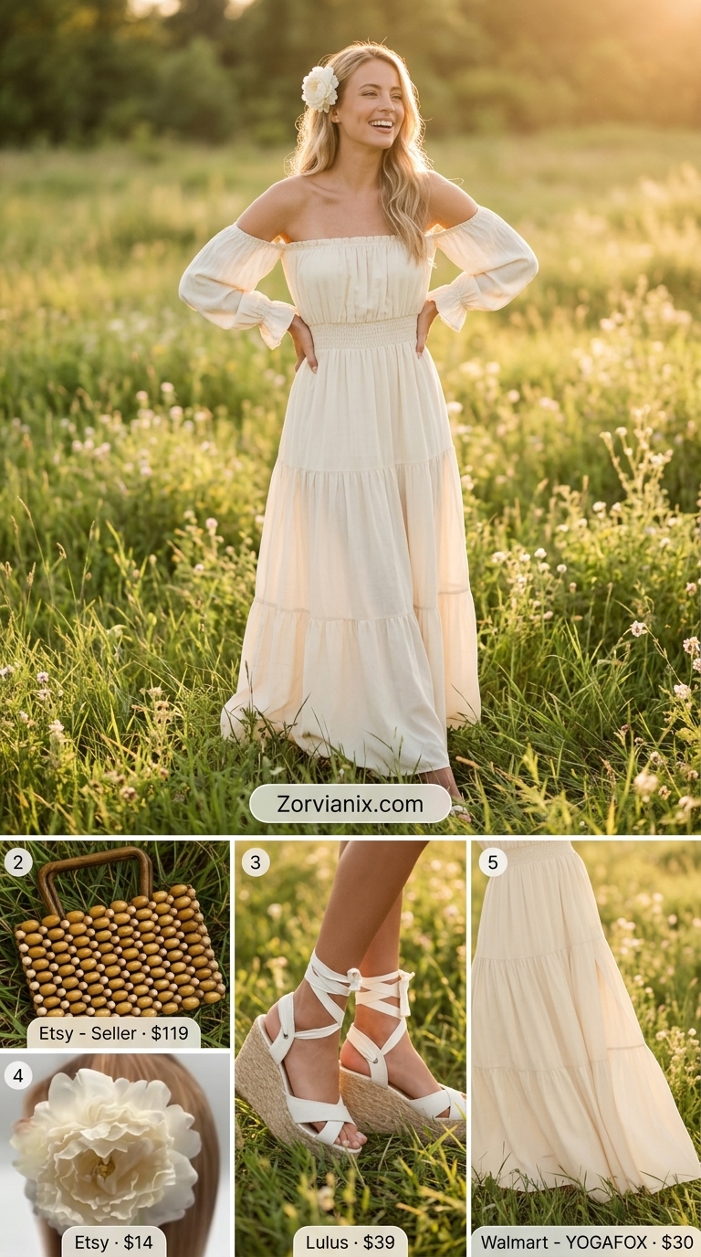 Boho Summer Maxi Dress 2026: Picnic Style Boho summer flowy maxi dress 2026: Yellow off-shoulder dress, espadrilles, and woven bag for a picnic.