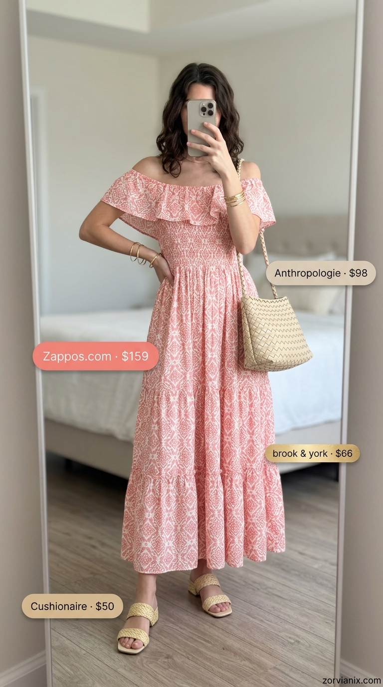 Boho Summer Maxi Dress 2026: Sunset Date Boho summer flowy maxi dress 2026 in soft coral pink for a sunset date, with raffia heels and straw bag.