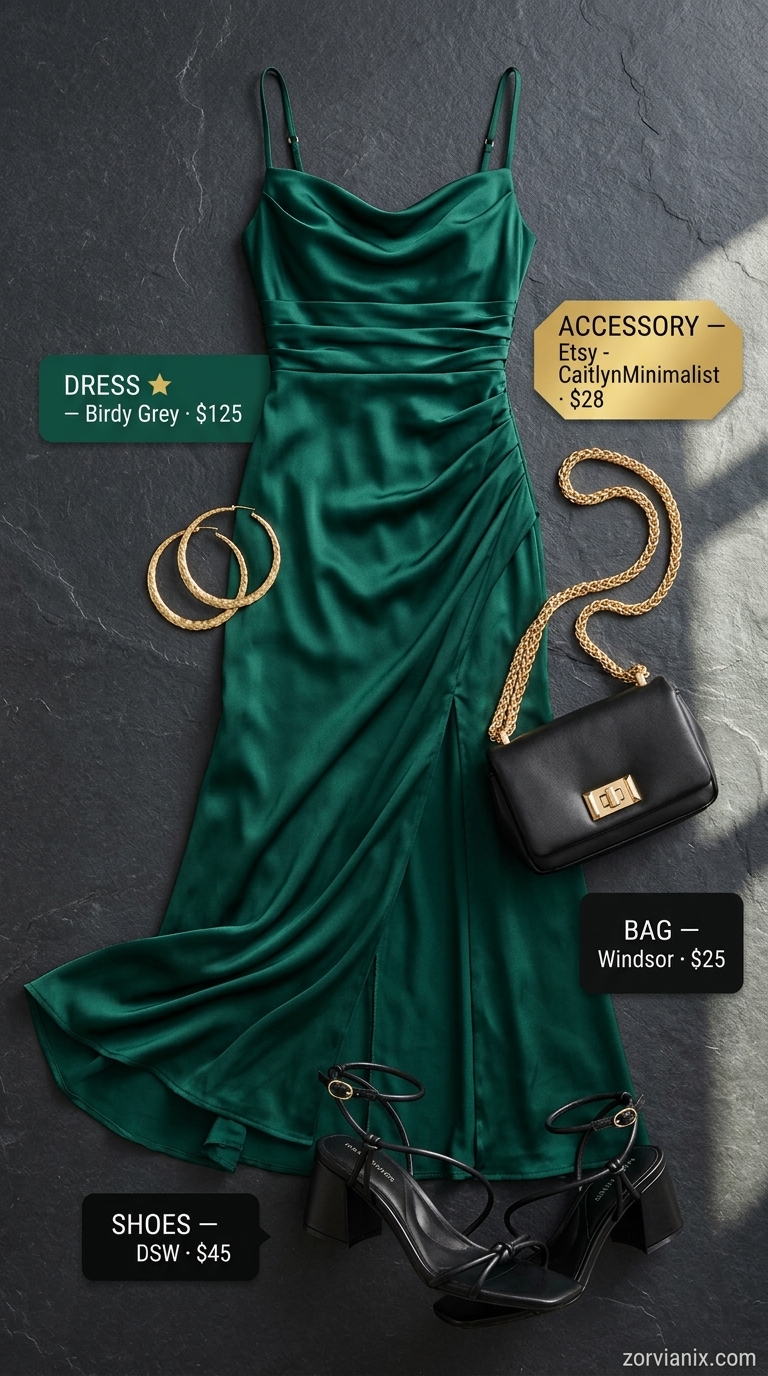 Boho Summer Maxi Dress 2026: Sunset Soiree Glam Boho summer flowy maxi dresses 2026: Emerald green satin dress, black heels, and gold jewelry for date night.
