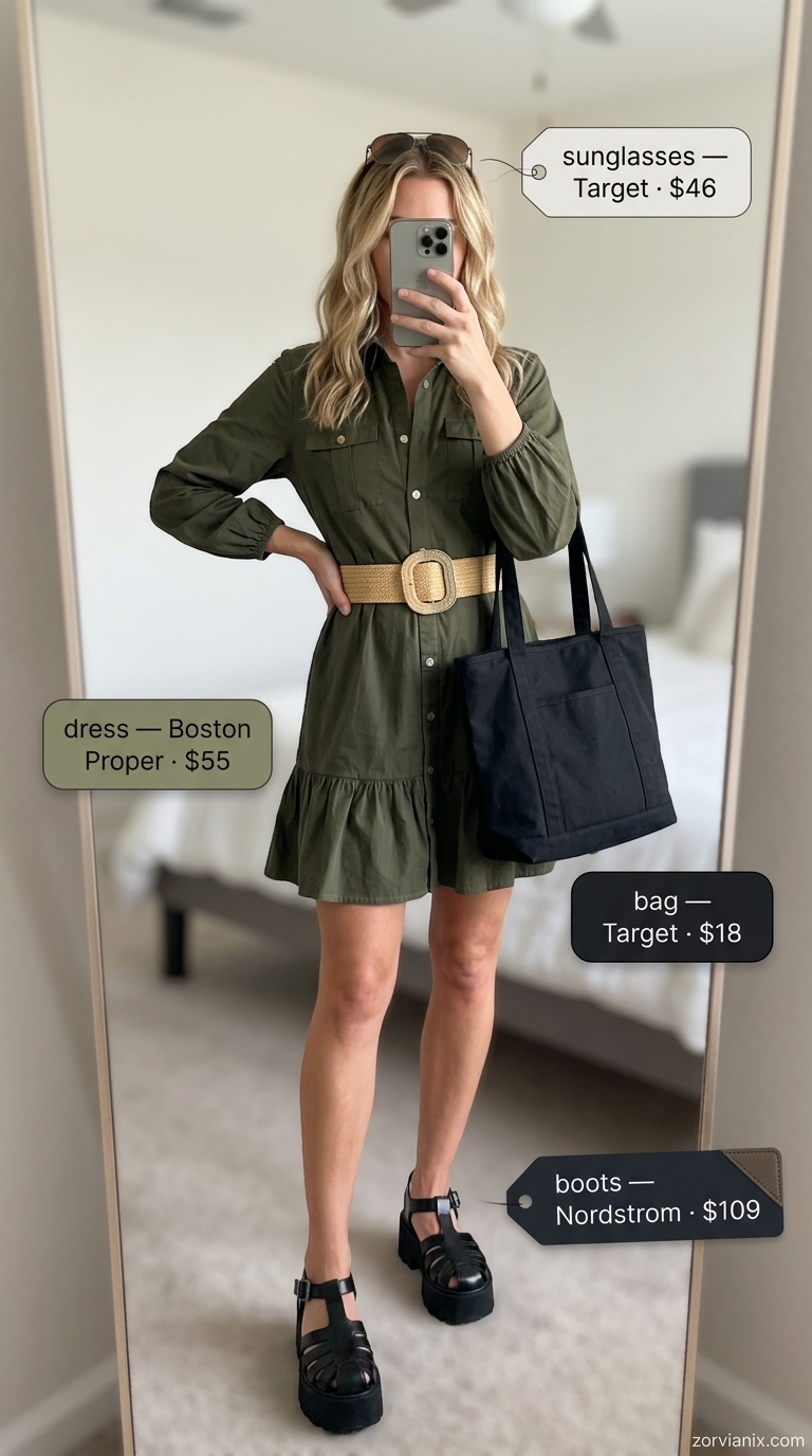 Boho Summer Maxi Dress 2026: Urban Explorer Boho summer flowy maxi dress 2026: Olive utility dress, chunky sandals, and canvas tote.