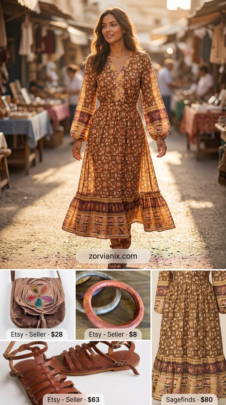 Boho Summer Maxi Dress 2026: Vintage Style Boho summer flowy maxi dress 2026: Earthy patchwork dress, leather sandals, and wood bangles.