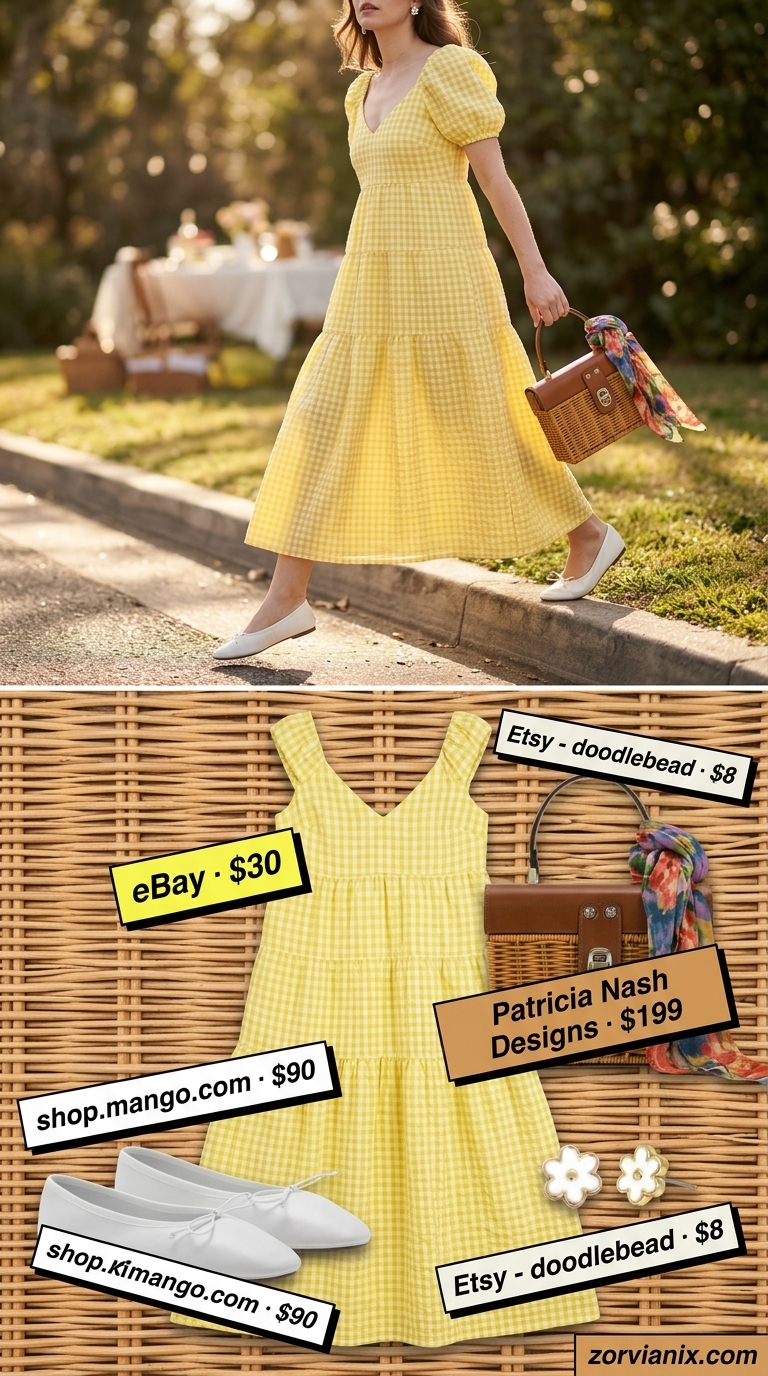 Boho Summer Maxi Dress 2026: Garden Party Boho summer flowy maxi dress 2026: Yellow gingham dress, ballet flats, and wicker bag.