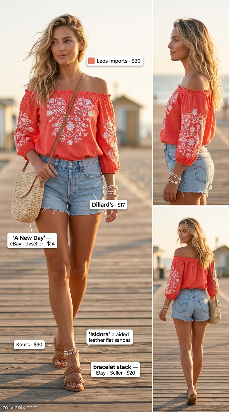 Boho Summer Outfits 2026: Beach Day Denim & Blouse Boho summer outfits for women 2026: White embroidered off-shoulder top, denim shorts, and straw bag for beach day style.