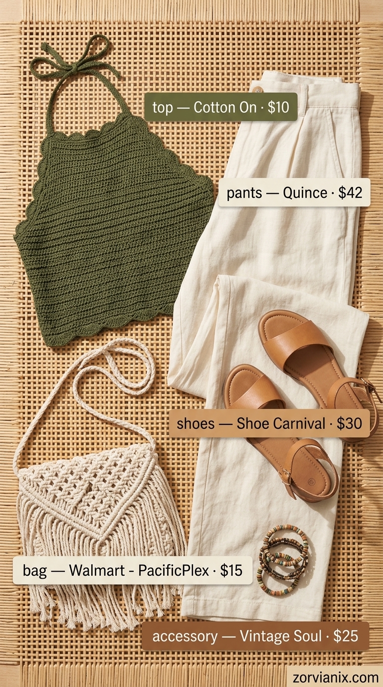 Boho summer outfits for women 2026: Olive green linen pants, cream crochet top, and macrame bag for festival style.