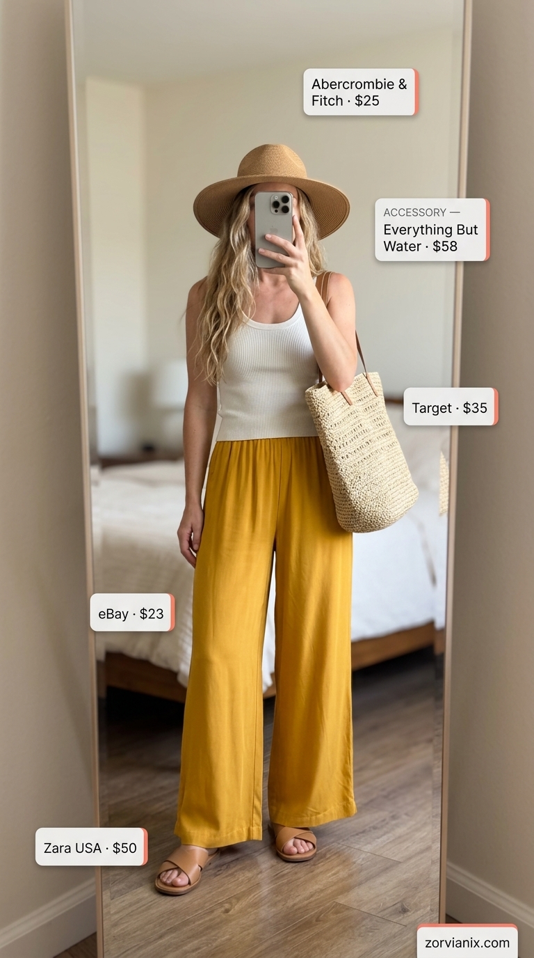 Boho Summer Outfits 2026: Golden Palazzo Pants & Straw Hat Boho summer outfits for women 2026: Golden yellow palazzo pants, off-white tank, and straw hat for coastal nomad style.