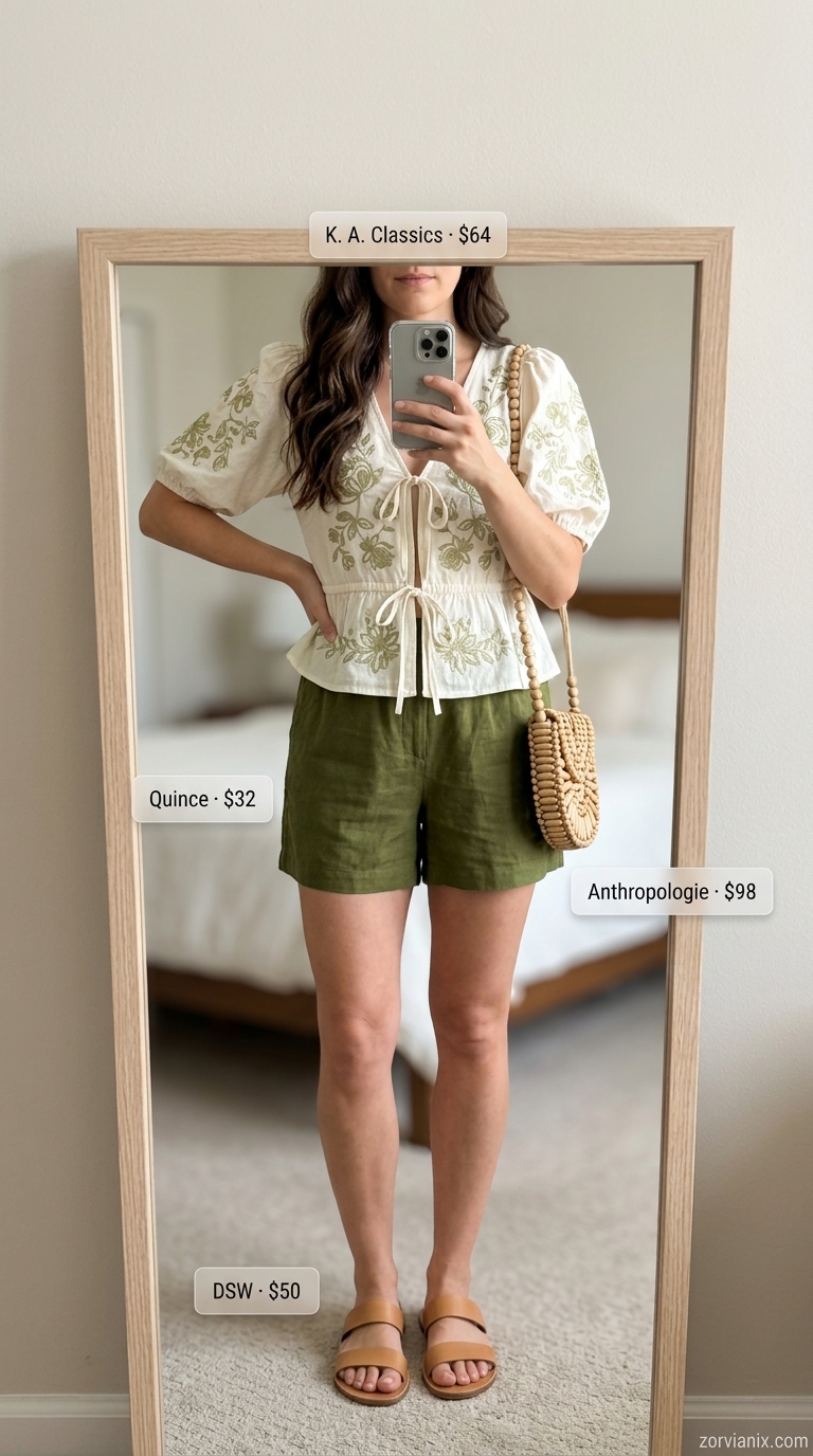 Boho Summer Outfits 2026: Gypsy Soul Shorts & Blouse Boho summer outfits for women 2026: Olive green shorts, ivory peasant blouse, and beaded bag for gypsy soul style.